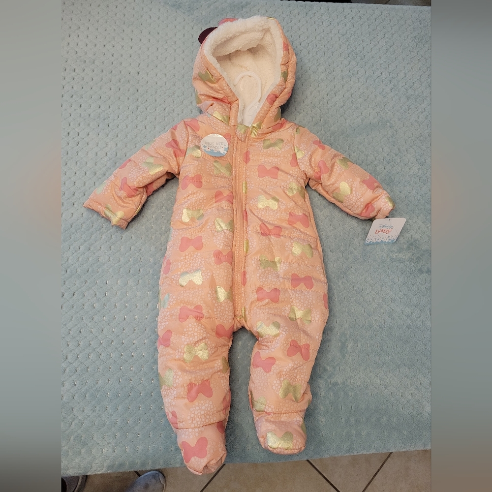 NEW Disney Minnie Mouse Fleece Snowsuit with Ears 3-6 months-NWT - Picture 2 of 16